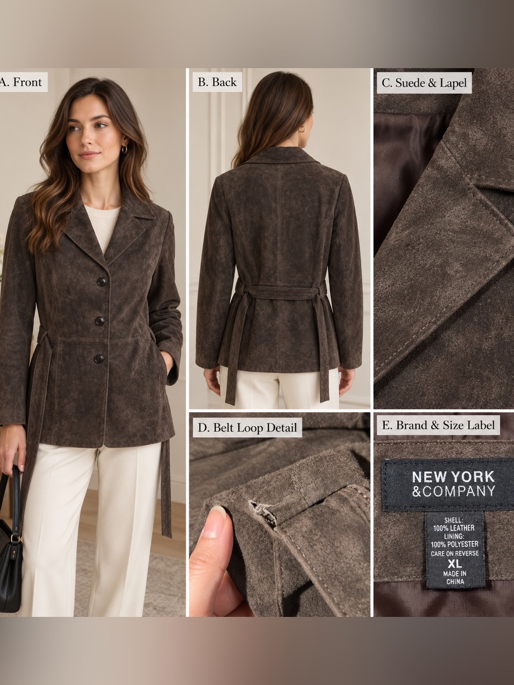 New York & Company Dark Brown Suede Belted Leather Jacket